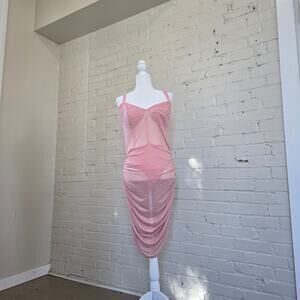 PrettyLittleThing BodyCon┃ Dusty Pink ┃Mesh Ruched Midi Dress ┃ Fairycore